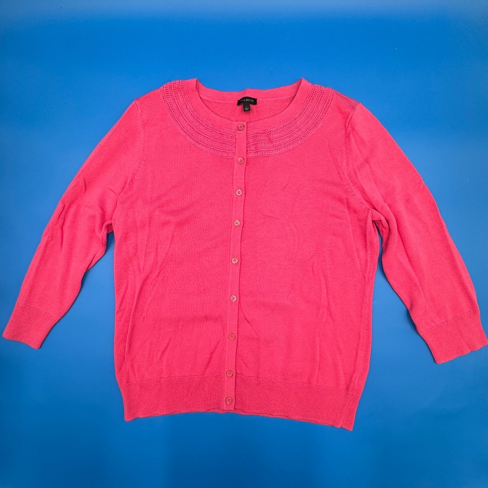 Talbots Pink Cotton Rayon Blend 3/4 Sleeve Button Front Cardigan Sweater Large